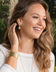 Sweet Pineapple Earrings – Model Wearing Gold Drops
