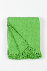 
Cotton knit throw blanket in bright green with fringe - coastal home textile