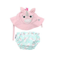 Reusable toddler swim diaper with matching alicorn sun hat – ages 12–24 months
