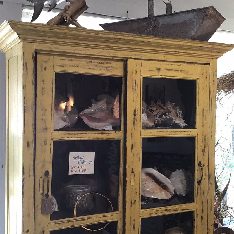Distressed yellow painted teak cabinet with interior display shelves
