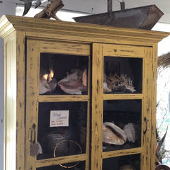 Distressed yellow painted teak cabinet with interior display shelves
