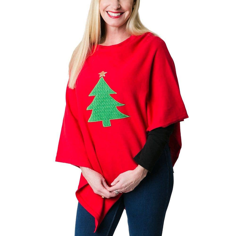 Red Holly Poncho with Christmas Tree