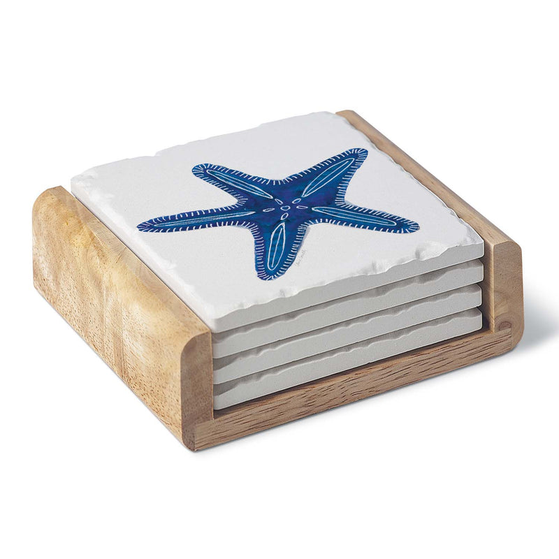 Indigo Starfish Absorbent Stone Coasters in Wooden Holder