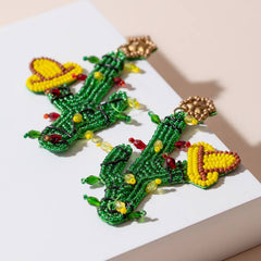 Seed Bead Christmas Cactus with Sombrero Dangling Earrings