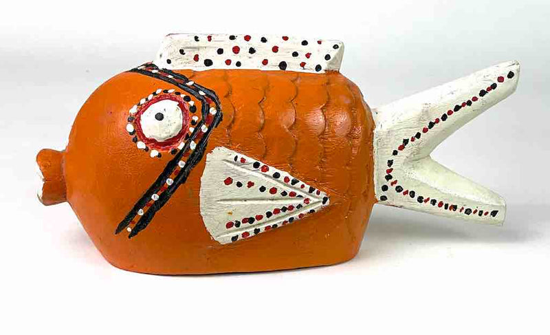 African Ceremonial Bozo Fish Puppet Sculpture - Orange with White - 12" - Home DecorThe Niger Bend