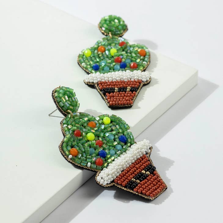 Holiday Potted Cactus Seed Bead Earrings