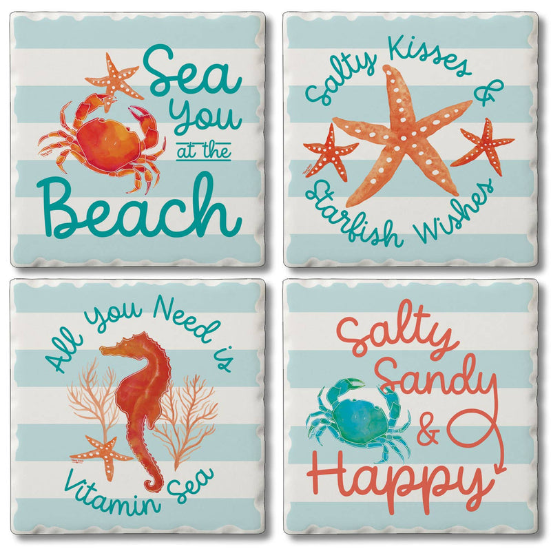 Coral Aqua Assorted Image Tumbled Tile Coaster 4 Pack - CounterArt/Highland Home/Thirstystone/CoasterStone