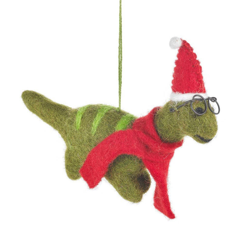 Handmade Felt Ornament - Christmas Dinosaur with Specs