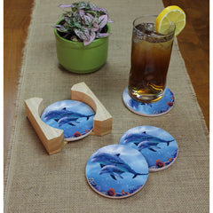 Dolphin With Baby Round Coaster Set in Wooden Holder