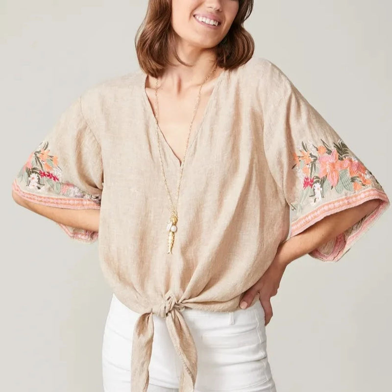 Delilah Linen Top - Alljoy Landing Tropical Embroidery