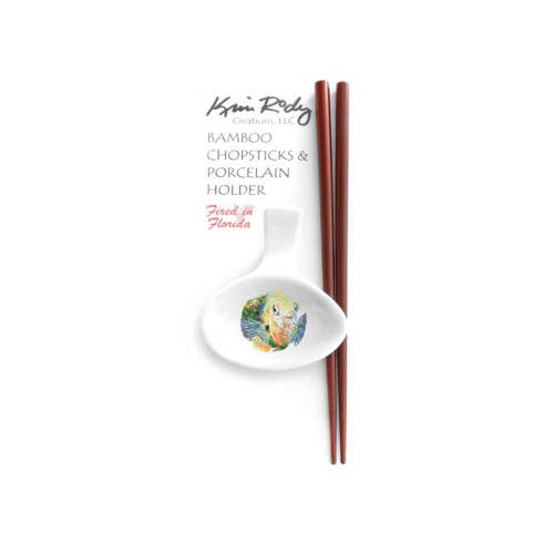 Bamboo Chopstick Set with Porcelain Holder - Fish Designs