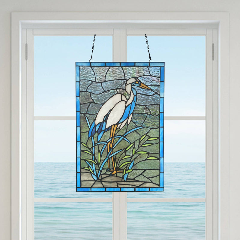 18"H Majestic White & Blue Crane Stained Glass Window Panel