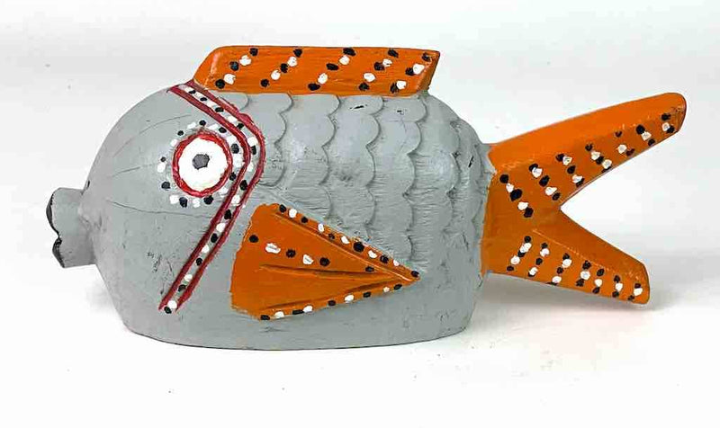 African Ceremonial Bozo Fish Puppet Sculpture - Gray with Orange - 11”