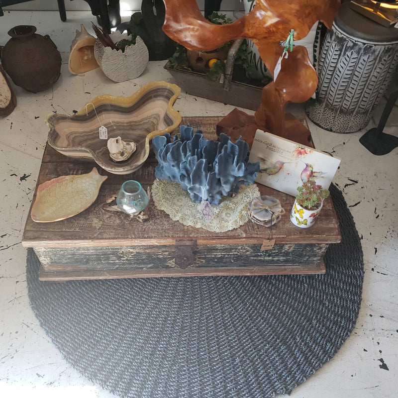 Teak coffee table chest with rustic patina – low profile living room furniture