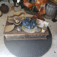 Teak coffee table chest with rustic patina – low profile living room furniture