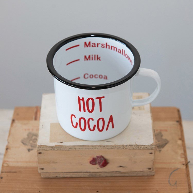 Enameled Mug "Hot Cocoa", White with Black Rim - ChristmasCreative Co - Op