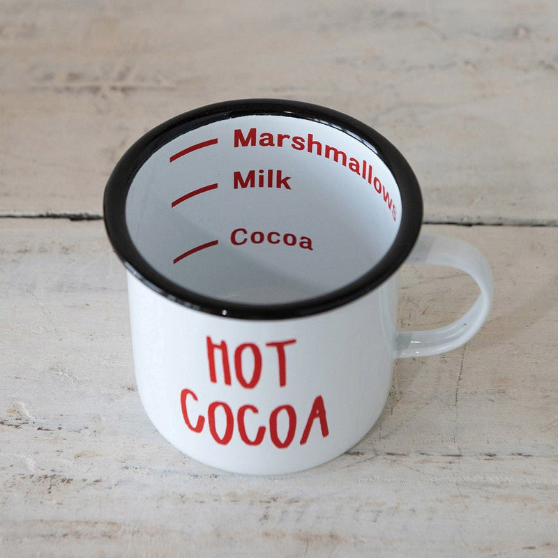 Enameled Mug "Hot Cocoa", White with Black Rim - ChristmasCreative Co - Op