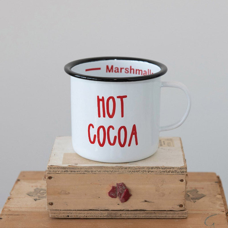 Enameled Mug "Hot Cocoa", White with Black Rim - ChristmasCreative Co - Op