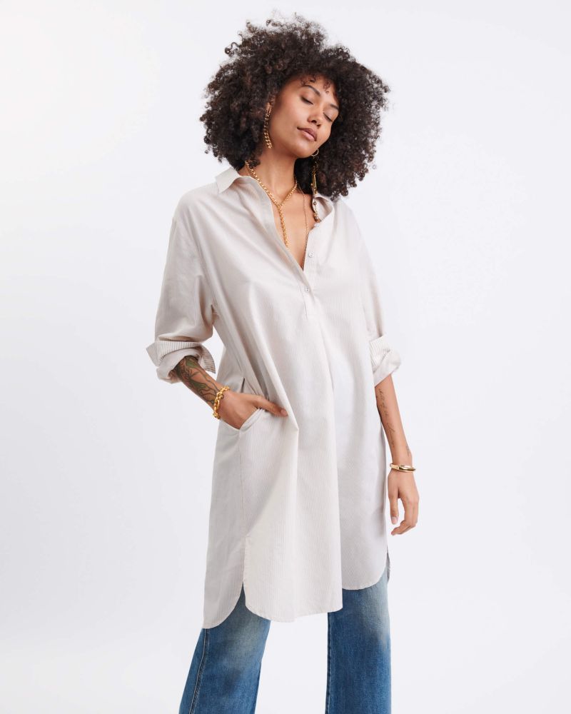 Essential Collar Shirt Dress - Beige and White Striped - ApparelMer - Sea