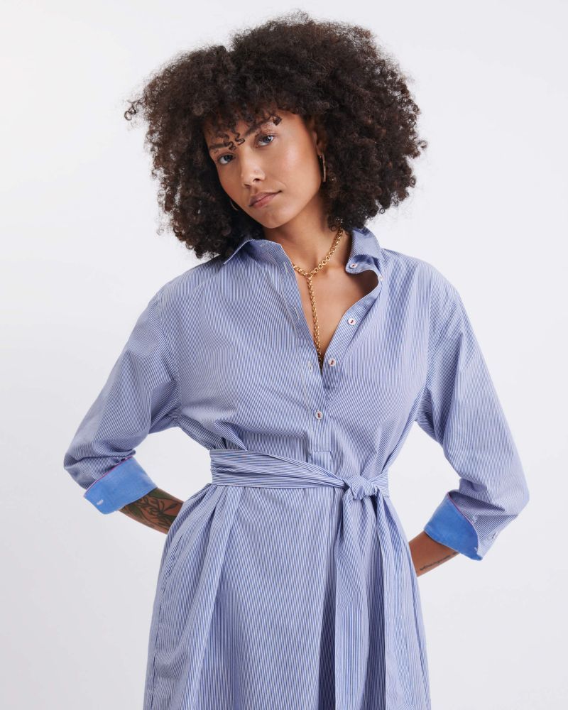 Essential Collar Shirt Dress - Blue Striped - ApparelMer - Sea