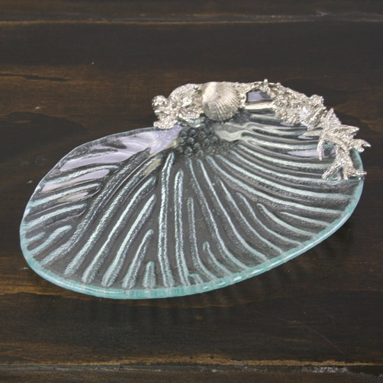 Glass Tray with Accent Pewter Shells, Coral, and Crab