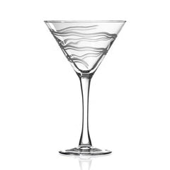 Etched martini glass featuring a wavy, abstract design. The glass has a classic martini shape with a long stem, adding a modern and artistic touch to any drinkware collection.