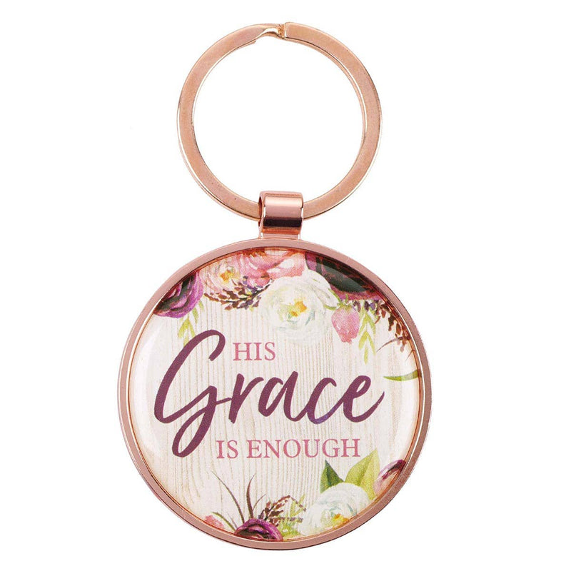 His Grace is Enough Pink Plum Key Ring in a Tin - 2 Corinthians 12:9 - Small RemindersChristian Art Gifts