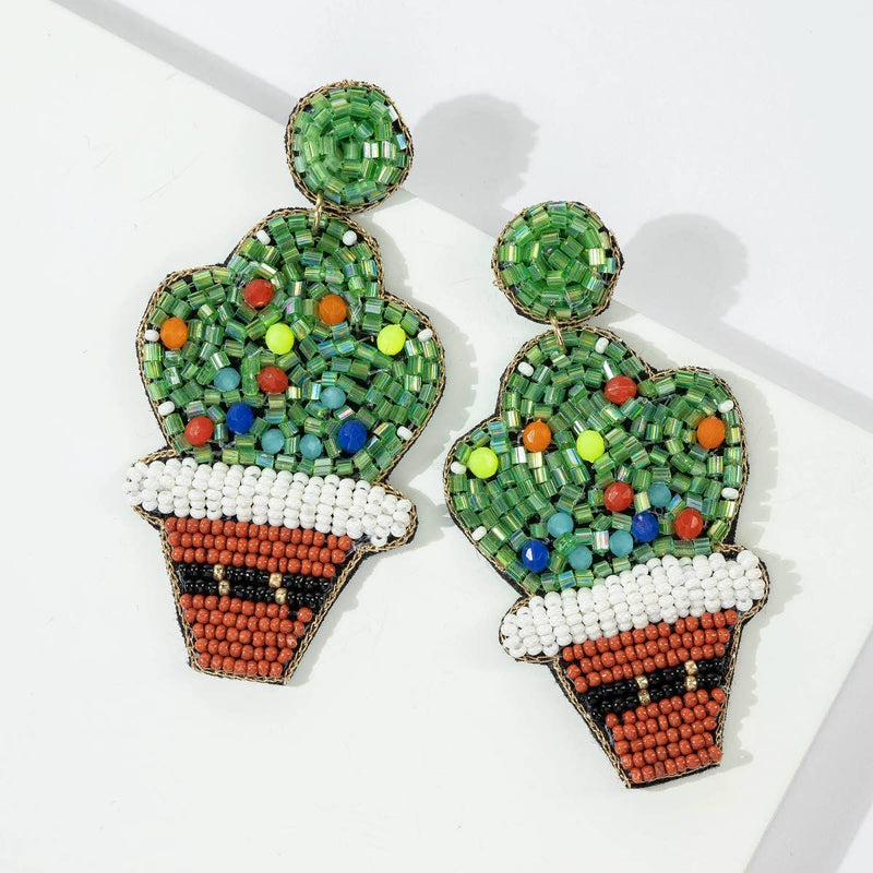 Holiday Potted Cactus Seed Bead Earrings - EarringsAvenue Zoe