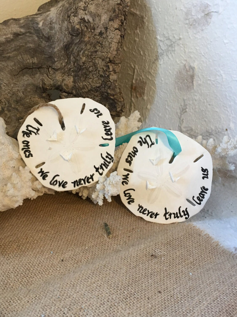 Remembering Loved Ones- Memorial Token Ornament Beach Ocean Inspired Tribute Ornaments Custom Calligraphy Sand Dollars Doves of Peace