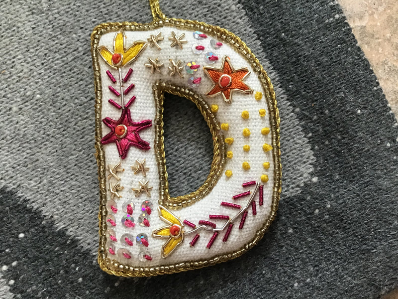 Fabric Alphabet Ornament w/ Beads & Embroidery, Multi Color, 26 Styles