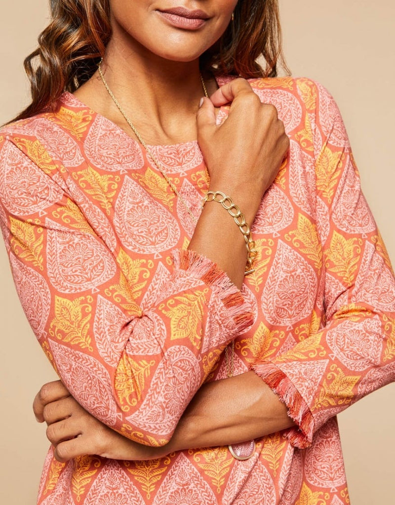 Island Fringe 3/4 Sleeve Dress - Pink House Boho Paisley - ApparelSPARTINA 449