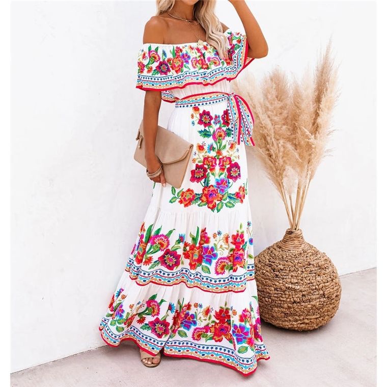 Off - Shoulder Bright Floral Maxi Dress - ApparelAbound Warehouse Store