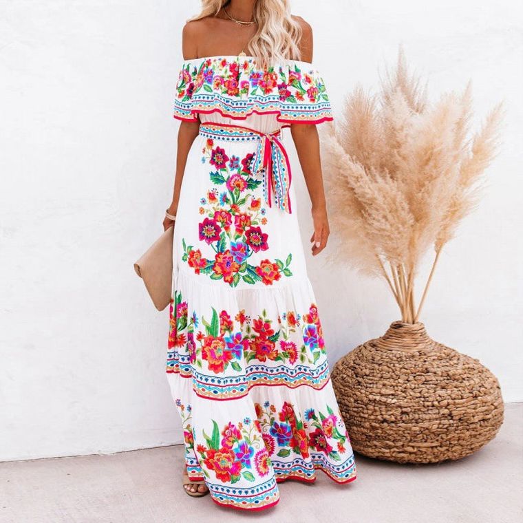 Off - Shoulder Bright Floral Maxi Dress - ApparelAbound Warehouse Store