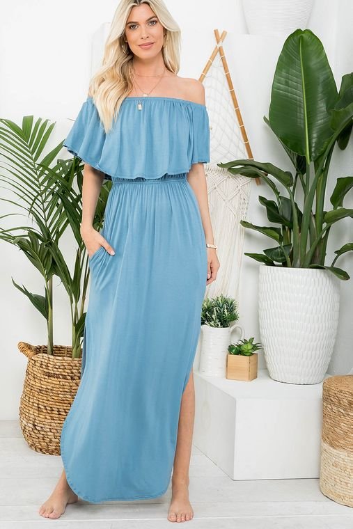 Off Shoulder Maxi Dress - Chambray - ApparelAbound Warehouse Store