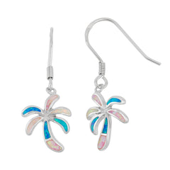 Sterling Silver White, Pink, and Blue Inlay Opal Palm Tree Earrings