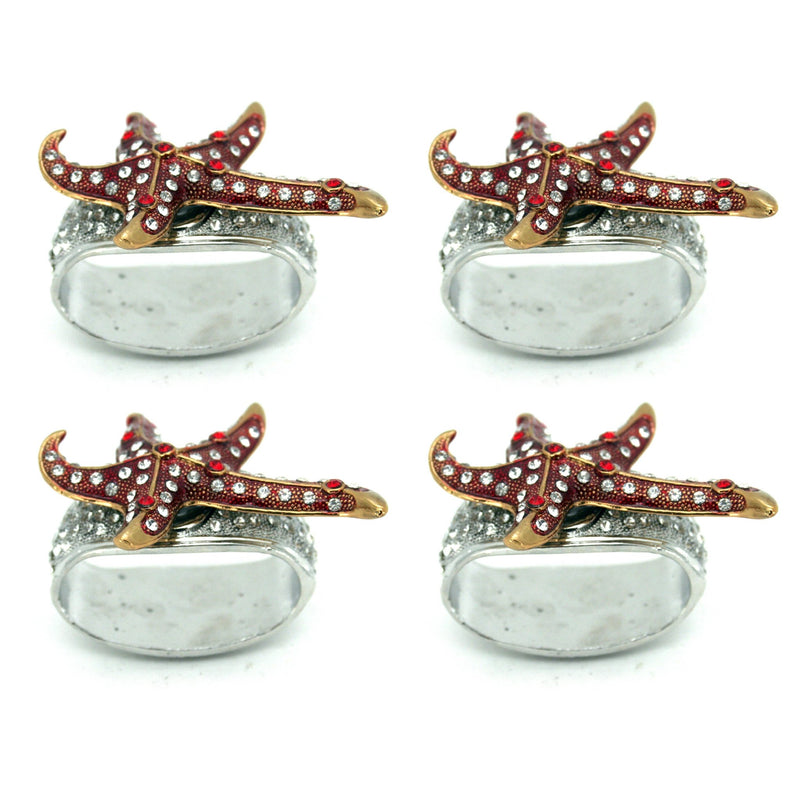 Pewter Jeweled Fancy Red Starfish Napkin Rings Set of 4 - Napkin RingsModern Coastal by Contrast Inc.