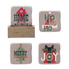 Square Resin Coasters w/ Holiday Saying & Wood Box Holder - ChristmasCreative Co - Op