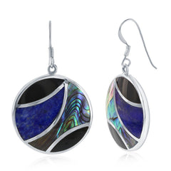 Sterling Silver Abalone, Onyx, and Lapis Designed Round Earrings - JewelryClassic NY