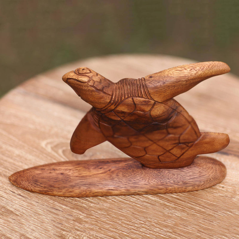 Surfer Turtle Wood Sculpture - SculptureNOVICA