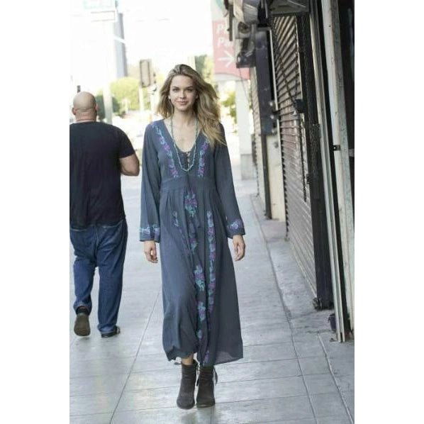 Thea Embroidered Maxi Dress Long Sleeves and Tassels Grey/Turquoise S/M Thea Embroidered Maxi Dress Long Sleeves and Tassels Grey/Turquoise S/M