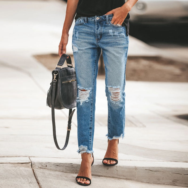 Simple Torn Tassel Casual Jeans by Chance Style