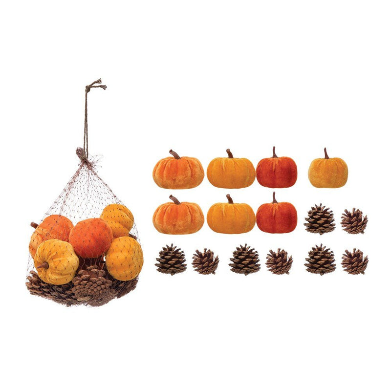 Velvet Pumpkins w/ Resin Stem & Pinecones in Net Bag, Orange & Natural (Contains 16 Pieces)- Thanksgiving Creative Co-Op