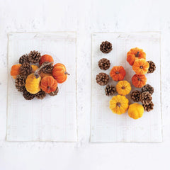 Velvet Pumpkins w/ Resin Stem & Pinecones in Net Bag, Orange & Natural (Contains 16 Pieces)- Thanksgiving Creative Co-Op