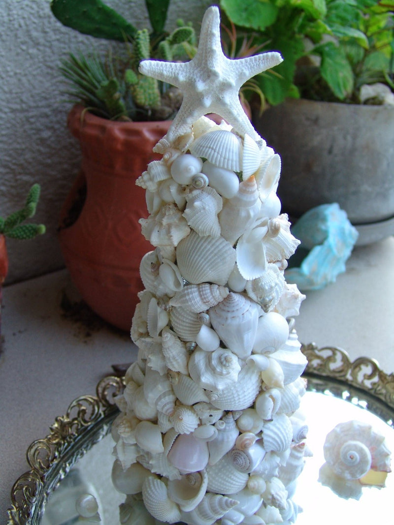 White Seashell Tree with Real Knobby Starfish Top - Loving Coastal Living