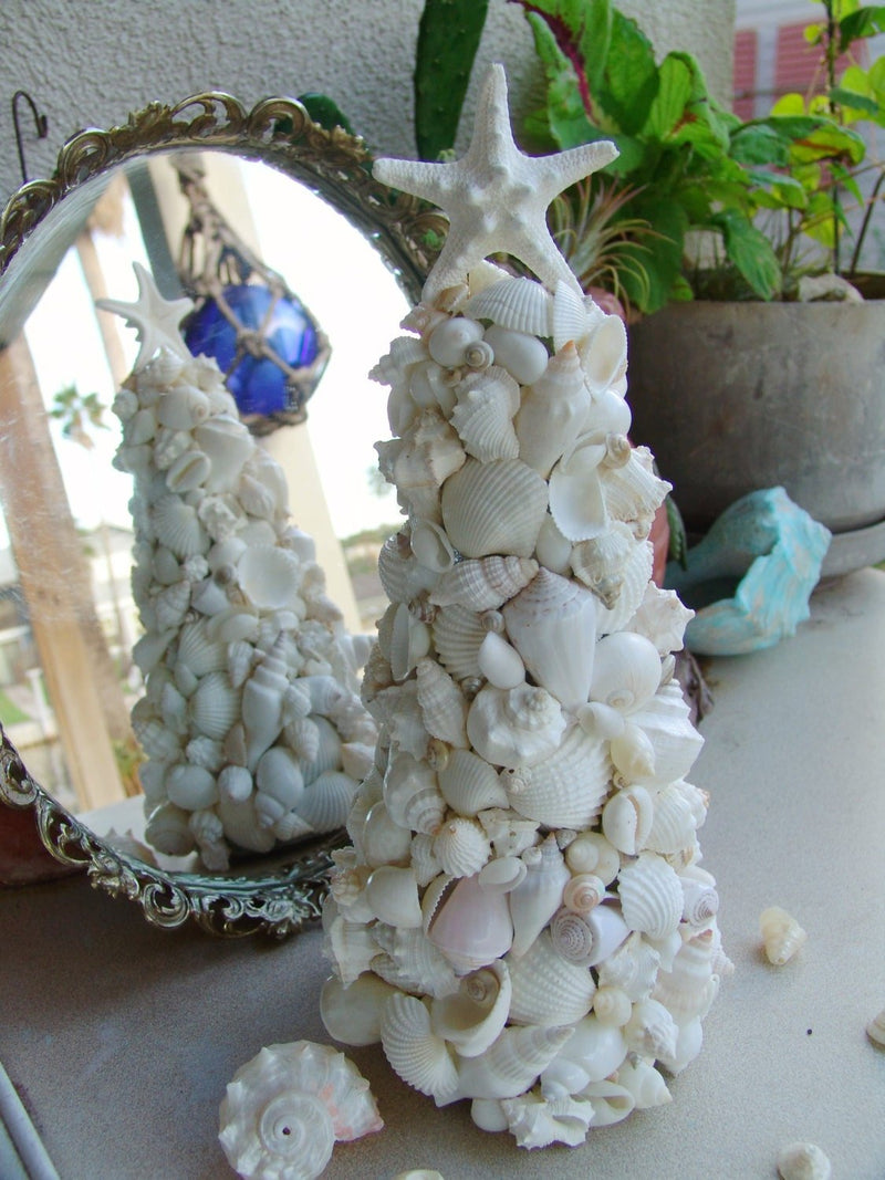 White Seashell Tree with Real Knobby Starfish Top - Loving Coastal Living