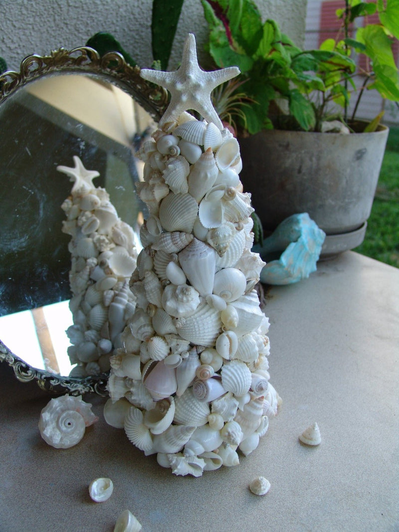 White Seashell Tree with Real Knobby Starfish Top - Loving Coastal Living