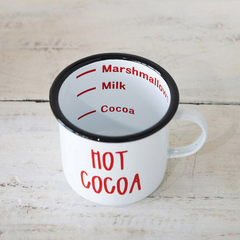 Enameled Mug "Hot Cocoa", White with Black Rim